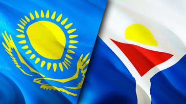 Kazakistan ve Aziz Martin bayrakları. 3 boyutlu dalgalanan bayrak tasarımı. Kazakistan Saint Martin bayrağı, resim, duvar kağıdı. Kazakistan, Saint Martin imajına karşı, 3 boyutlu canlandırma. Kazakistan Saint Martin ilişkileri ittifak