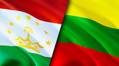 Tacikistan ve Litvanya bayrakları. 3 boyutlu dalgalanan bayrak tasarımı. Tacikistan Litvanya bayrağı, resim, duvar kağıdı. Tacikistan, Litvanya imajına karşı, 3 boyutlu canlandırma. Tacikistan Litvanya İlişkiler Birliği