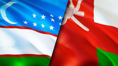 Özbekistan ve Umman bayrakları. 3 boyutlu dalgalanan bayrak tasarımı. Özbekistan Umman bayrağı, resim, duvar kağıdı. Özbekistan, Umman imajına karşı, 3D görüntüleme. Özbekistan Umman ilişkileri ittifak ve ticaret, seyahat, turizm konsepti