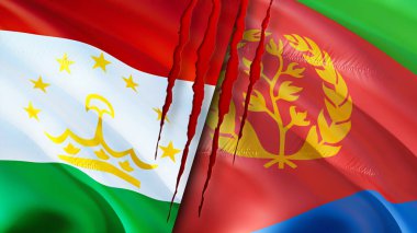 Tacikistan ve Eritre bayraklarında yara izi var. Dalgalanan bayrak, 3 boyutlu görüntüleme. Tacikistan ve Eritre çatışma konsepti. Tacikistan Eritre ilişkileri kavramı. Tacikistan bayrağı ve Eritre krizi, savaş