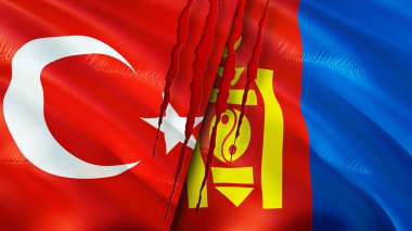 Yara izi olan Türkiye ve Moğolistan bayrakları. Dalgalanan bayrak, 3 boyutlu görüntüleme. Türkiye ve Moğolistan çatışma konsepti. Türkiye Moğolistan ilişkileri kavramı. Türkiye bayrağı ve Moğolistan krizi, savaş, saldırı konsepti
