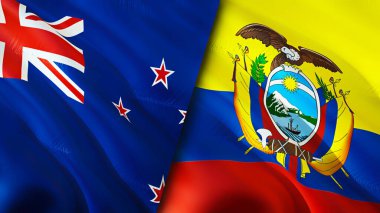 Yeni Zelanda ve Ekvador bayrakları. 3 boyutlu dalgalanan bayrak tasarımı. Yeni Zelanda Ekvador bayrağı, resim, duvar kağıdı. Yeni Zelanda Ekvador 'a karşı görüntüsü, 3D görüntüleme. Yeni Zelanda Ekvador ilişkileri savaş ittifakı