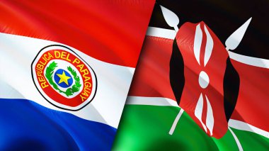 Paraguay ve Kenya bayrakları. 3 boyutlu dalgalanan bayrak tasarımı. Paraguay Kenya bayrağı, resim, duvar kağıdı. Paraguay, Kenya görüntüsüne karşı, 3D görüntüleme. Paraguay Kenya ilişkileri ittifak ve ticaret, seyahat, turizm konsepti