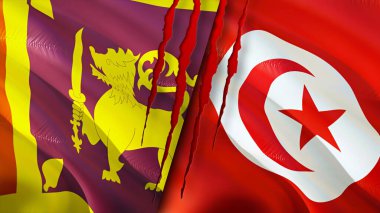 Yara izi olan Sri Lanka ve Tunus bayrakları. Dalgalanan bayrak, 3 boyutlu görüntüleme. Sri Lanka ve Tunus çatışma konsepti. Sri Lanka Tunus ilişkileri kavramı. Sri Lanka bayrağı ve Tunus krizi, savaş, attac