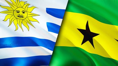 Uruguay ve Sao Tome ve Principe bayrakları. 3 boyutlu dalgalanan bayrak tasarımı. Uruguay Sao Tome ve Principe bayrağı, resim, duvar kağıdı. Uruguay, Sao Tome 'a karşı ve Principe imajı, 3D canlandırma. Uruguay Sao Tome ve