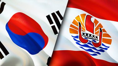 Güney Kore ve Fransız Polinezyası bayrakları. 3 boyutlu dalgalanan bayrak tasarımı. Güney Kore Fransız Polinezya bayrağı, resim, duvar kağıdı. Güney Kore, Fransız Polinezyası 'na karşı, görüntü 3 boyutlu. Güney Kore Fransız Polynesi