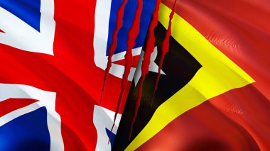 Birleşik Krallık ve Doğu Timor bayraklarında yara izi var. Dalgalanan bayrak, 3 boyutlu görüntüleme. Birleşik Krallık ve Doğu Timor çatışma konsepti. Birleşik Krallık Doğu Timor ilişkileri kavramı. Birleşik Kingdo bayrağı