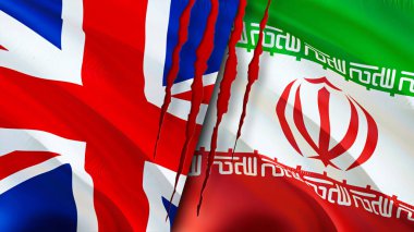 İngiltere ve İran yara izi kavramına sahip bayraklar. Dalgalanan bayrak, 3 boyutlu görüntüleme. Birleşik Krallık ve İran çatışma konsepti. Birleşik Krallık İran ilişkileri kavramı. Birleşik Krallık ve Ira bayrağı