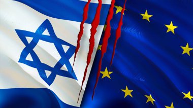 Yara izi olan İsrail ve Avrupa Birliği bayrakları. Dalgalanan bayrak, 3 boyutlu görüntüleme. İsrail ve Avrupa Birliği çatışma konsepti. İsrail Avrupa Birliği ilişkileri kavramı. İsrail ve Avrupa Unio bayrağı