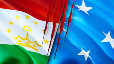 Tacikistan ve Mikronezya yara izi olan bayraklar. Dalgalanan bayrak, 3 boyutlu görüntüleme. Tacikistan ve Mikronezya çatışma konsepti. Tacikistan Mikronezya ilişkileri kavramı. Tacikistan ve Mikronesi bayrağı