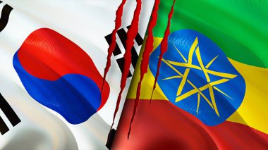 Güney Kore ve Etiyopya bayraklarında yara izi var. Dalgalanan bayrak, 3 boyutlu görüntüleme. Güney Kore ve Etiyopya çatışma konsepti. Güney Kore Etiyopya ilişkileri kavramı. Güney Kore ve Etiyopya bayrağı