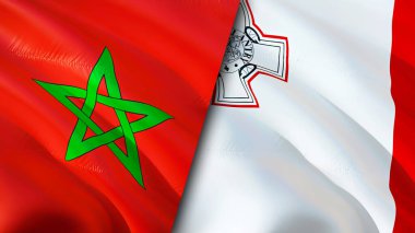 Fas ve Malta bayrakları. 3 boyutlu dalgalanan bayrak tasarımı. Fas Malta bayrağı, resim, duvar kağıdı. Fas, Malta 'ya karşı, görüntü 3 boyutlu. Fas Malta ilişkileri ittifak ve ticaret, seyahat, turizm konsepti