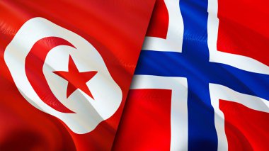 Tunus ve Norveç bayrakları. 3 boyutlu dalgalanan bayrak tasarımı. Tunus Norveç bayrağı, resim, duvar kağıdı. Tunus, Norveç 'e karşı, görüntü 3 boyutlu. Tunus Norveç ilişkileri ittifak ve ticaret, seyahat, turizm konsepti