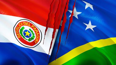 Paraguay ve Solomon Adaları yara izi olan bayraklar. Dalgalanan bayrak, 3 boyutlu görüntüleme. Paraguay ve Solomon Adaları çatışma konsepti. Paraguay Solomon Adaları ilişkileri kavramı. Paraguay bayrağı