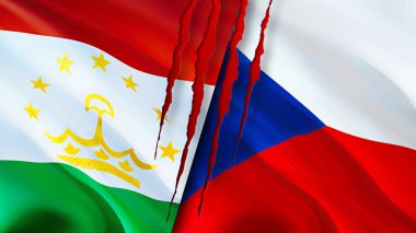 Tacikistan ve yara izi olan Çek bayrakları. Dalgalanan bayrak, 3 boyutlu görüntüleme. Tacikistan ve Çek çatışma konsepti. Tacikistan Çek ilişkileri kavramı. Tacikistan bayrağı ve Çek krizi, savaş, attac