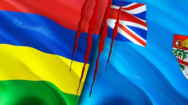 Yara izi olan Mauritius ve Fiji bayrakları. Dalgalanan bayrak, 3 boyutlu görüntüleme. Mauritius ve Fiji çatışma konsepti. Mauritius Fiji ilişkileri konsepti. Mauritius bayrağı ve Fiji krizi, savaş, saldırı konsepti