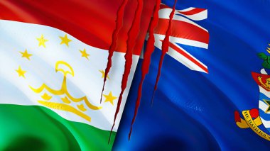 Tacikistan ve Cayman Adaları yara izi olan bayraklar. Dalgalanan bayrak, 3 boyutlu görüntüleme. Tacikistan ve Cayman Adaları çatışma konsepti. Tacikistan Cayman Adaları ilişkileri kavramı. Tacikistan bayrağı