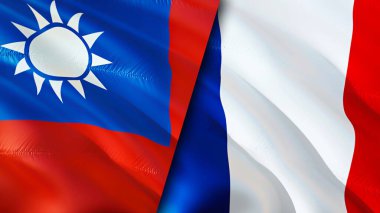 Tayvan ve Fransa bayrakları. 3 boyutlu dalgalanan bayrak tasarımı. Tayvan bayrağı, resim, duvar kağıdı. Tayvan, Fransa 'ya karşı. Görüntü 3D. Tayvan Fransa ilişkileri ittifak ve ticaret, seyahat, turizm konsepti