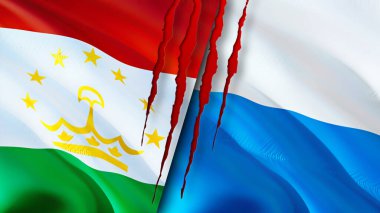 Tacikistan ve San Marino bayraklarında yara izi var. Dalgalanan bayrak, 3 boyutlu görüntüleme. Tacikistan ve San Marino çatışma konsepti. Tacikistan San Marino ilişkileri kavramı. Tacikistan ve San Marin bayrağı