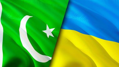 Pakistan ve Ukrayna bayrakları. 3 boyutlu dalgalanan bayrak tasarımı. Pakistan Ukrayna bayrağı, resim, duvar kağıdı. Pakistan, Ukrayna 'ya karşı, görüntü 3 boyutlu. Pakistan Ukrayna ilişkileri ittifak ve ticaret, seyahat, turnuva