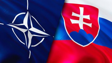 NATO ve Slovakya bayrakları. 3 boyutlu dalgalanan bayrak tasarımı. Slovakya NATO bayrağı, resim, duvar kağıdı. NATO, Slovakya 'ya karşı, görüntü 3 boyutlu. NATO Slovakya ilişkileri ittifak ve Ticaret, seyahat, turizm konsepti