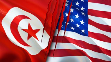 Yara izi olan Tunus ve ABD bayrakları. Dalgalanan bayrak, 3 boyutlu görüntüleme. Tunus ve ABD çatışma konsepti. Tunus, ABD ilişkileri kavramı. Tunus bayrağı ve ABD krizi, savaş, saldırı konsepti