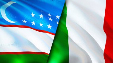 Özbekistan ve İtalya bayrakları. 3 boyutlu dalgalanan bayrak tasarımı. Özbekistan İtalya bayrağı, resim, duvar kağıdı. Özbekistan İtalya 'ya karşı, görüntü 3 boyutlu. Özbekistan İtalya ilişkileri ittifak ve ticaret, seyahat, turnuva