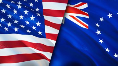 ABD ve Cook Adaları bayrakları. 3 boyutlu dalgalanan bayrak tasarımı. USA Cook Adaları bayrağı, resim, duvar kağıdı. ABD, Cook Adaları 'na karşı. Görüntü 3D. USA Cook Adaları ilişkileri ittifak ve ticaret, seyahat, turnuva