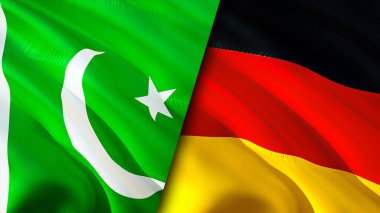 Pakistan ve Almanya bayrakları. 3 boyutlu dalgalanan bayrak tasarımı. Pakistan Almanya bayrağı, resim, duvar kağıdı. Pakistan, Almanya 'ya karşı, görüntü 3 boyutlu. Pakistan Almanya ilişkileri ittifak ve ticaret, seyahat, turnuva