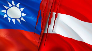 Yara izi olan Tayvan ve Avusturya bayrakları. Dalgalanan bayrak, 3 boyutlu görüntüleme. Tayvan ve Avusturya çatışma konsepti. Tayvan Avusturya ilişkileri kavramı. Tayvan bayrağı ve Avusturya krizi, savaş, saldırı konsepti