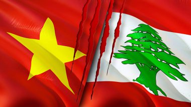 Vietnam ve Lübnan bayrakları. 3 boyutlu dalgalanan bayrak tasarımı. Vietnam Lübnan bayrağı, resim, duvar kağıdı. Vietnam, Lübnan imajına karşı, 3 boyutlu canlandırma. Vietnam Lübnan ilişkileri ittifak ve ticaret, seyahat, turizm konsepti