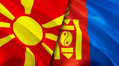 Kuzey Makedonya ve Moğolistan bayrakları. 3 boyutlu dalgalanan bayrak tasarımı. Kuzey Makedonya Moğolistan bayrağı, resmi, duvar kağıdı. Kuzey Makedonya Moğolistan imajına karşı, 3D görüntüleme. Kuzey Makedonya Moğolistan ilişkileri