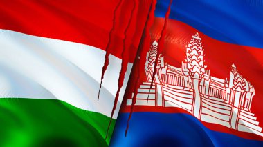 Macaristan ve Kamboçya bayraklarında yara izi var. Dalgalanan bayrak, 3 boyutlu görüntüleme. Macaristan ve Kamboçya çatışma konsepti. Macaristan Kamboçya ilişkileri kavramı. Macaristan ve Kamboçya bayrağı krizi, savaş, attac