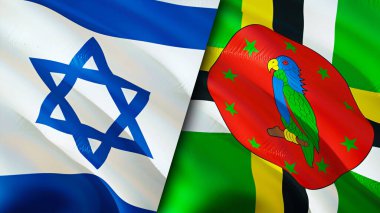 İsrail ve Dominica bayrakları. 3 boyutlu dalgalanan bayrak tasarımı. İsrail Dominika bayrağı, resim, duvar kağıdı. İsrail, Dominica 'ya karşı, görüntü 3D. İsrail Dominika ilişkileri ittifak ve ticaret, seyahat, turizm konsepti