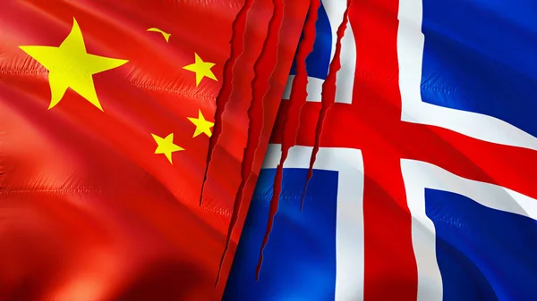 China and Iceland flags with scar concept. Waving flag,3D rendering. China and Iceland conflict concept. China Iceland relations concept. flag of China and Iceland crisis,war, attack concep