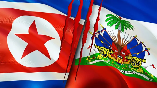 North Korea and Haiti flags with scar concept. Waving flag,3D rendering. North Korea and Haiti conflict concept. North Korea Haiti relations concept. flag of North Korea and Haiti crisis,war, attac