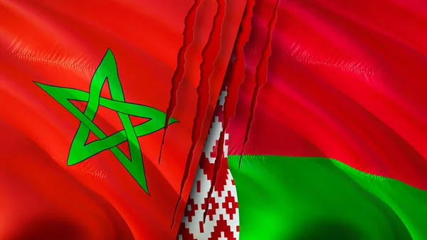 Drapeaux Maroc Biélorussie Avec Concept Cicatrice Drapeau Rendu Concept Conflit — Photo