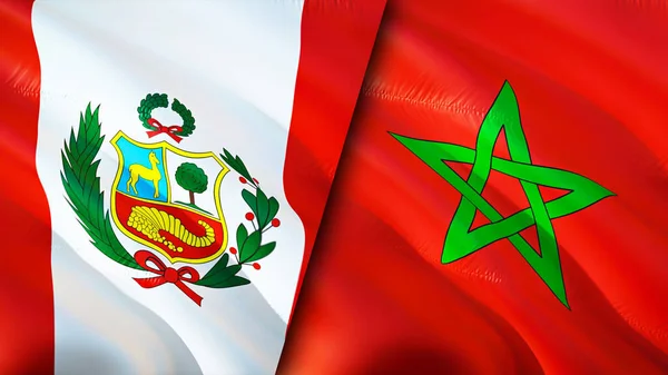 Peru and Morocco flags. 3D Waving flag design. Peru Morocco flag, picture, wallpaper. Peru vs Morocco image,3D rendering. Peru Morocco relations alliance and Trade,travel,tourism concep