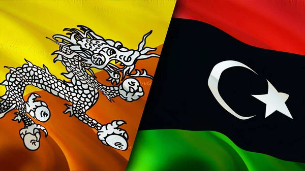 Butan ve Libya bayrakları. 3 boyutlu dalgalanan bayrak tasarımı. Butan Libya bayrağı, resim, duvar kağıdı. Butan Libya imajına karşı, 3D görüntüleme. Butan Libya ilişkileri ittifak ve ticaret, seyahat, turizm konsepti