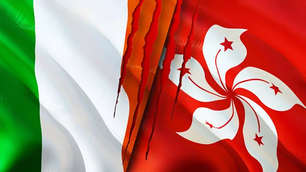 Ireland and Hong Kong flags with scar concept. Waving flag 3D rendering. Ireland and Hong Kong conflict concept. Ireland Hong Kong relations concept. flag of Ireland and Hong Kong crisis,war, attac