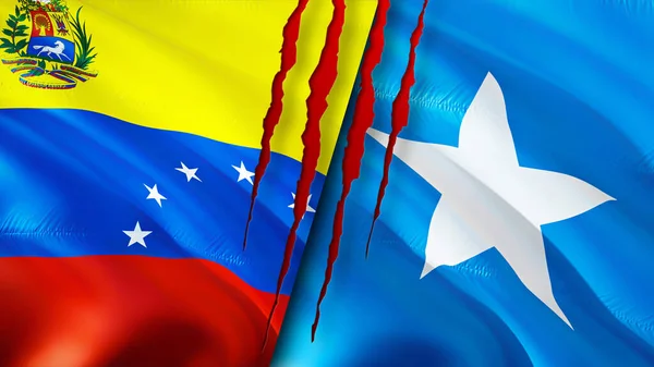 ベネズエラとソマリアの国旗には傷の概念がある 旗を振って3Dレンダリング ベネズエラとソマリアの紛争の概念 ベネズエラソマリア関係の概念 ベネズエラとソマリアの危機戦争攻撃の旗 — ストック写真