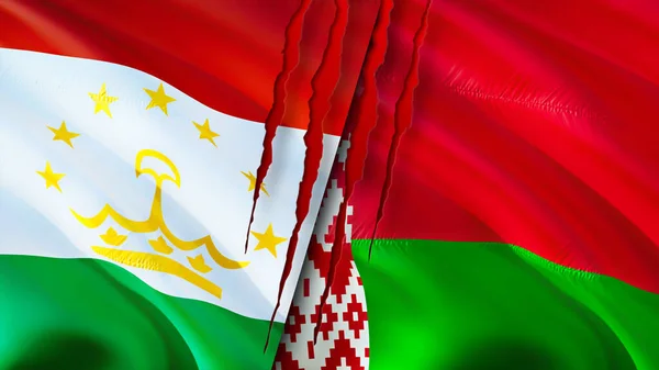 Tajikistan and Belarus flags with scar concept. Waving flag,3D rendering. Tajikistan and Belarus conflict concept. Tajikistan Belarus relations concept. flag of Tajikistan and Belarus crisis,war
