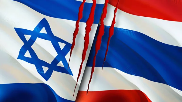 Israel and Thailand flags with scar concept. Waving flag,3D rendering. Israel and Thailand conflict concept. Israel Thailand relations concept. flag of Israel and Thailand crisis,war, attack concep