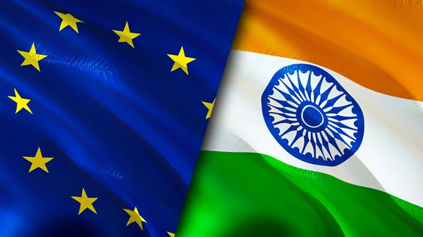 European Union and India flags. 3D Waving flag design. European Union India flag, picture, wallpaper. European Union vs India image,3D rendering. European Union India relations alliance an