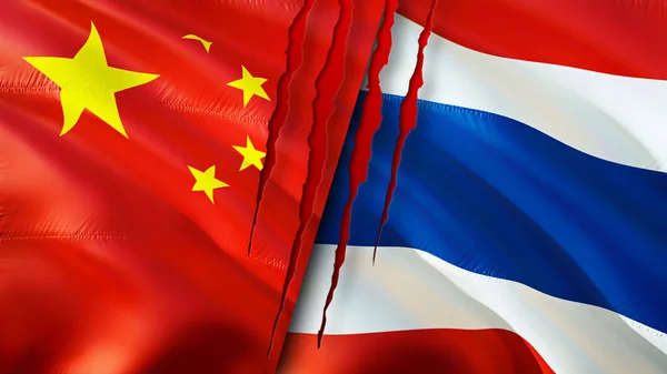 China and Thailand flags with scar concept. Waving flag,3D rendering. China and Thailand conflict concept. China Thailand relations concept. flag of China and Thailand crisis,war, attack concep