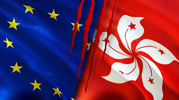 European Union and Hong Kong flags with scar concept. Waving flag,3D rendering. European Union and Hong Kong conflict concept. European Union Hong Kong relations concept. flag of European Union an