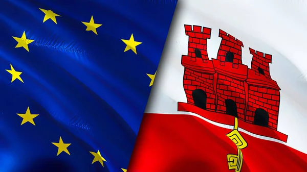 European Union and Gibraltar flags. 3D Waving flag design. European Union Gibraltar flag, picture, wallpaper. European Union vs Gibraltar image,3D rendering. European Union Gibraltar relation