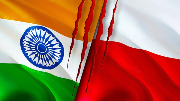 India and Poland flags with scar concept. Waving flag,3D rendering. India and Poland conflict concept. India Poland relations concept. flag of India and Poland crisis,war, attack concep