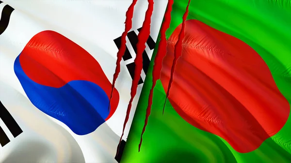 South Korea and Bangladesh flags with scar concept. Waving flag,3D rendering. South Korea and Bangladesh conflict concept. South Korea Bangladesh relations concept. flag of South Korea an