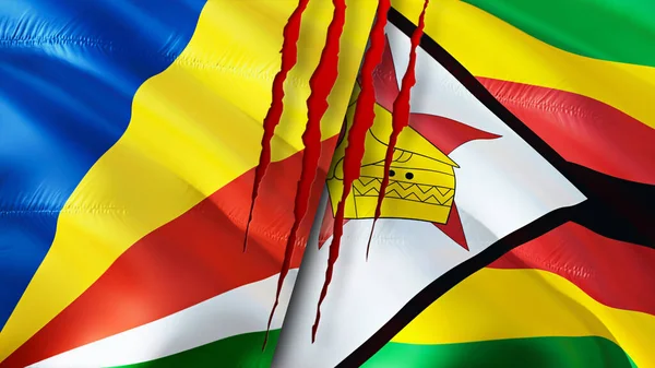 Bandeiras Das Seicheles Zimbabué Com Conceito Cicatriz Bandeira Ondulada Renderização — Fotografia de Stock